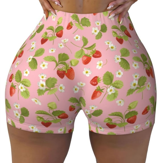 Sikiie Strawberry Floral Print Workout Shorts Women Scrunch Butt Gym Shorts Seamless High Waist Tummy Control Yoga Biker Athletic Shorts