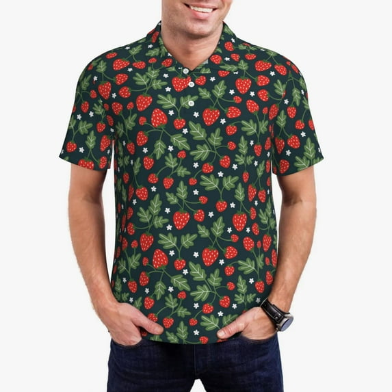 Sikiie Strawberry Print Men's Short-sleeved POLO Shirts, Button-down Shirts and T-shirts are Suitable for Vacation, Leisure and Business-Large