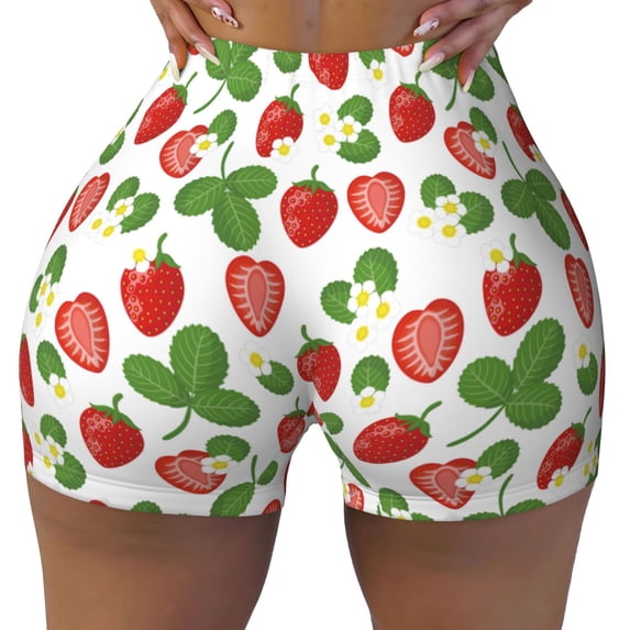 Sikiie Strawberry Print Workout Shorts Women Scrunch Butt Gym Shorts Seamless High Waist Tummy Control Yoga Biker Athletic Shorts