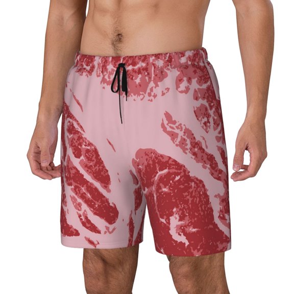 Sikiie Striped Meat Print Men's Double Layer Swimming Trunks, Adjustable Waistband and Pockets Sports Swimming Trunks, Beach Swimwear-Small