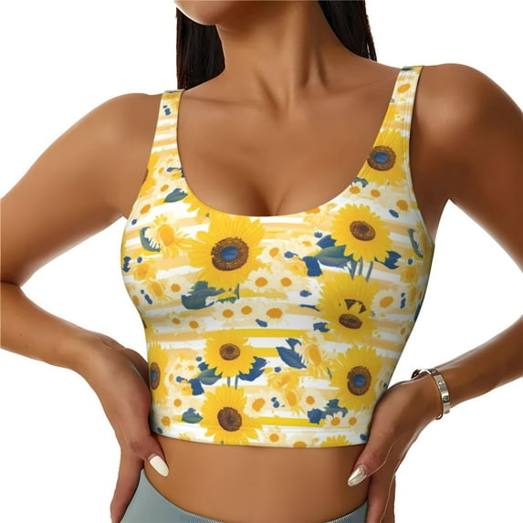 Sikiie Striped Sunflower Daisy Print Strappy Sports Bra for Women Padded Push Up Sports Bra Athletic Running Sports Bra Workout Bra Yoga Bra