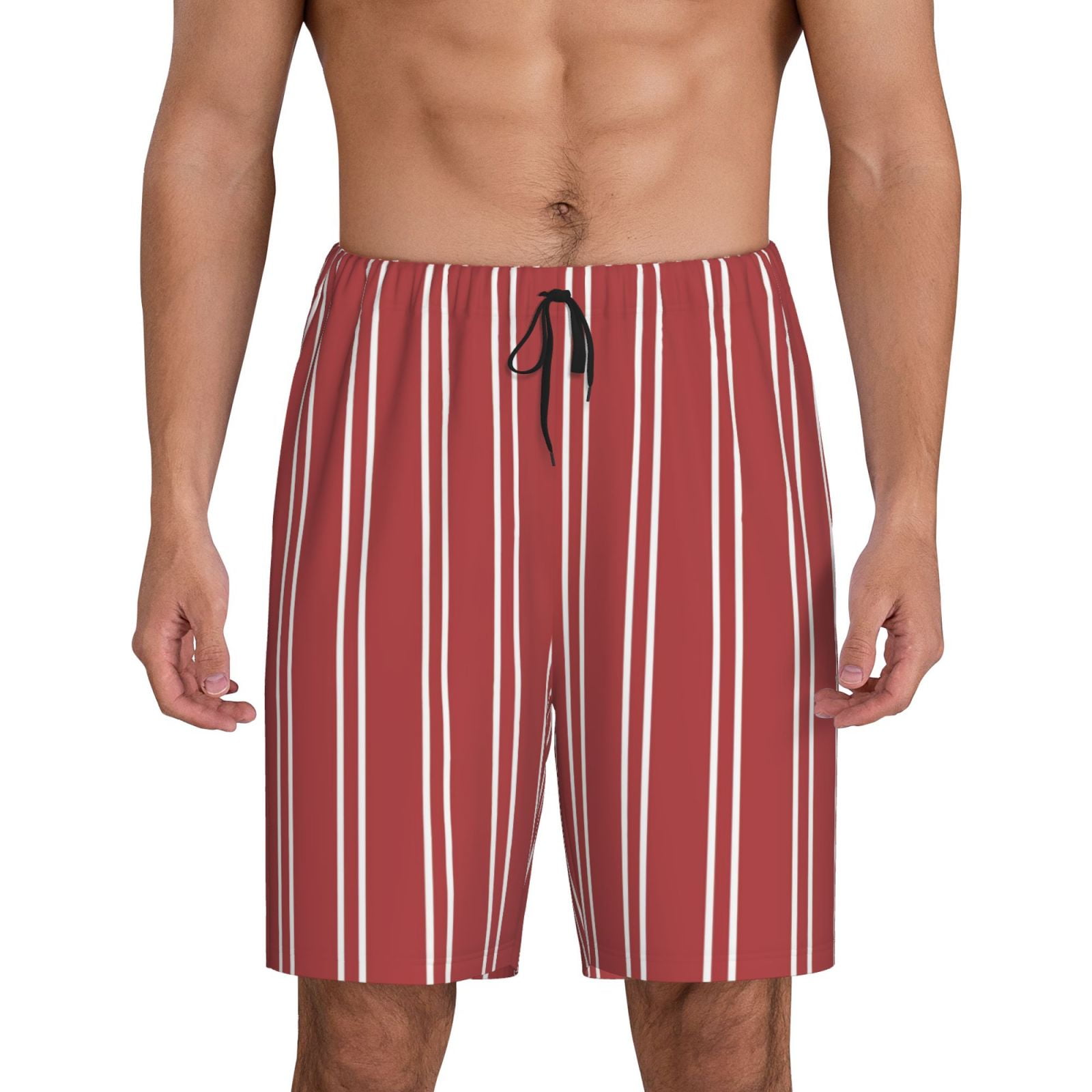 Sikiie Stripes Red White Mens Pajama Shorts, Lightweight Lounge