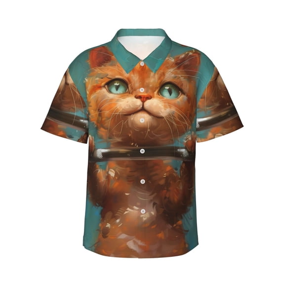 Sikiie Strong Kitten Lifting Weights Print Men's Hawaiian Shirt, Summer Beach Button Pocket Short Sleeve T-Shirt,3X-Large