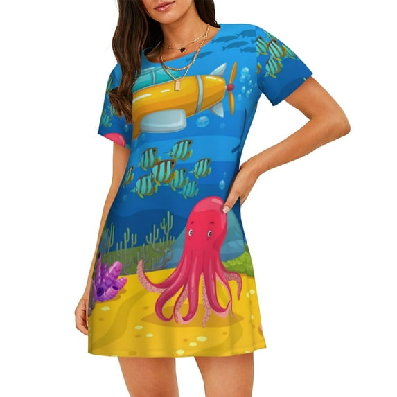 Sikiie Submarine And Landscape Print Women's Short-sleeved Nightdress, Round Neck Pullover Nightdress Pajamas Summer Home Wear