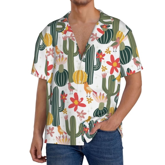 Sikiie Summer Cactus With Blooming Men's Wrinkle Free Untucked Cuban Shirt Business Casual Button Down Shirts Short Sleeve ShirtSmall