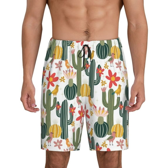Sikiie Summer Cactus With Blooming Mens Pajama Shorts, Lightweight Lounge Pant with Pockets Soft Sleep Pj Shorts for MenMedium