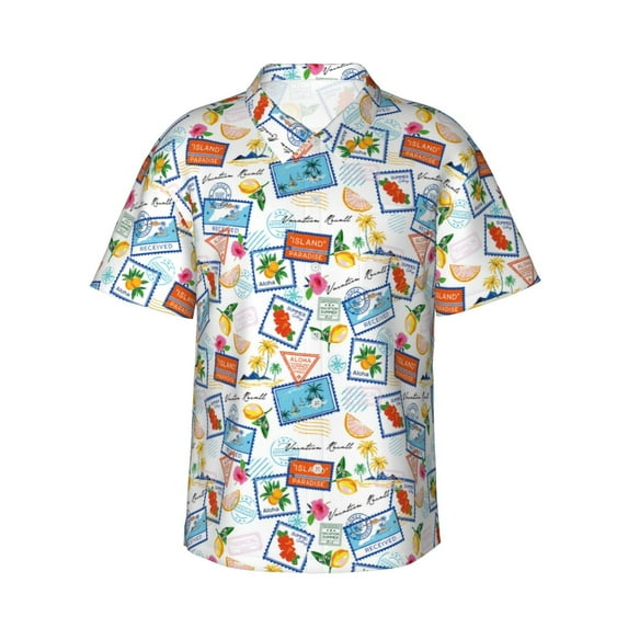 Sikiie Summer Stamp Print Men's Hawaiian Shirt, Summer Beach Button Pocket Short Sleeve T-Shirt,3X-Large