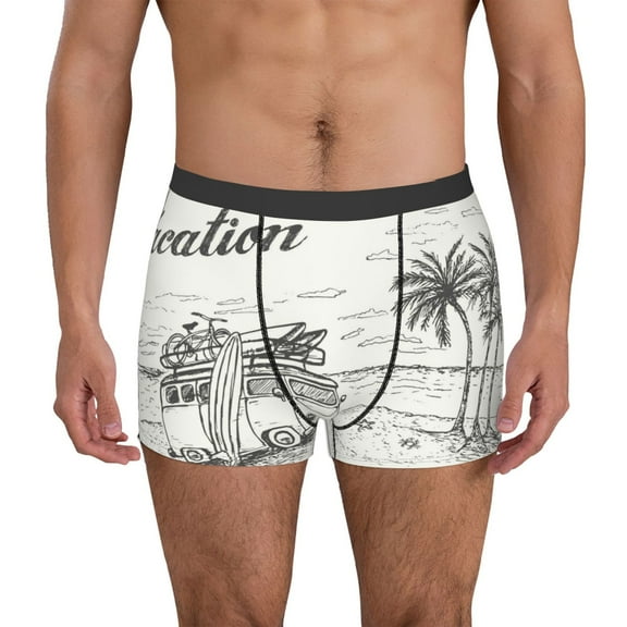 Sikiie Summer Vacation Scene With Camping Van Print Men's Boxer Briefs, Elastic Waistband Boxer Briefs Leggings-Small