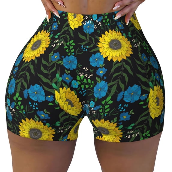 Sikiie Sunflowers And Blue Flower Print Workout Shorts Women Scrunch Butt Gym Shorts Seamless High Waist Tummy Control Yoga Biker Athletic Shorts