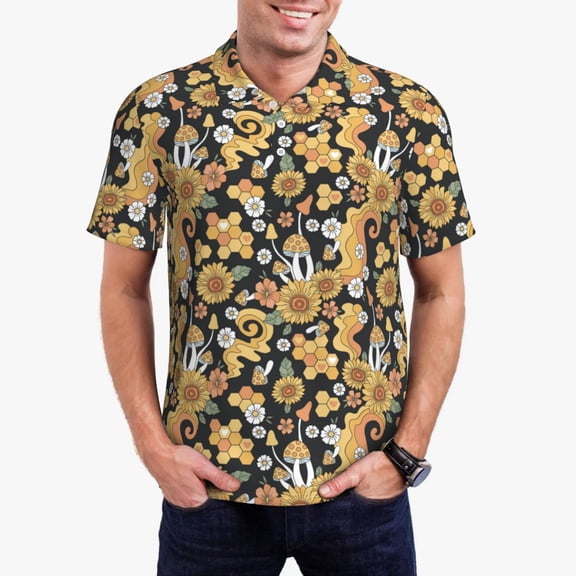 Sikiie Sunflowers Bee Print Men's Short-sleeved POLO Shirts, Button-down Shirts and T-shirts are Suitable for Vacation, Leisure and Business-Small