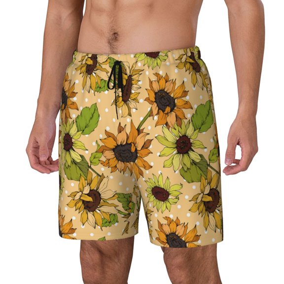Sikiie Sunflowers Print Men's Double Layer Swimming Trunks, Adjustable Waistband and Pockets Sports Swimming Trunks, Beach Swimwear-3X-Large