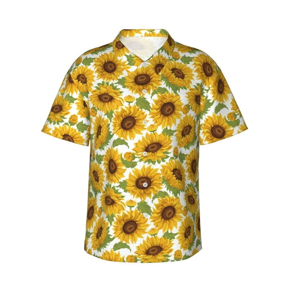 Sikiie Sunflowers Print Men's Hawaiian Shirt, Summer Beach Button Pocket Short Sleeve T-Shirt,XX-Large