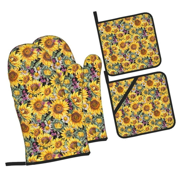 Sikiie Sunflowers Vintage Oven Mitts and Pot Holders, Silicone Oven Gloves, Heat Resistant Oven Mitts 4Pcs Set