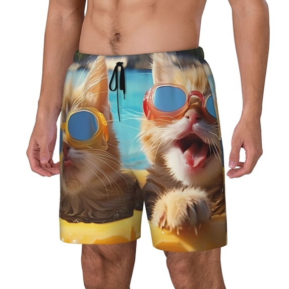 Sikiie Sunglasses Beach Kittens Print Men's Double Layer Swimming Trunks, Adjustable Waistband and Pockets Sports Swimming Trunks, Beach Swimwear-X-Large