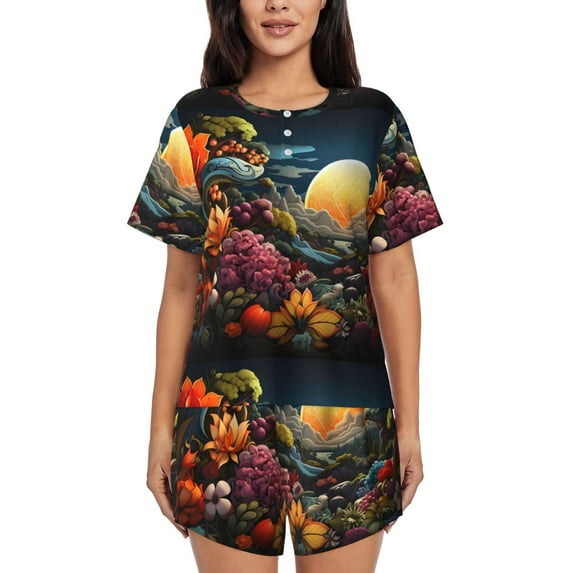 Sikiie Sunset Floral Fantasy Landscape Womens Pajama Sets Short Sleeve Top With Pants Sleepwear 2 Piece Lounge Set-Small