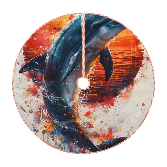 Sikiie Sunset Ocean Watercolor Dolphin Nativity Christmas Tree Skirt, Jesus Christian Winter Holiday Tree Mat Decoration(30-48IN)36"