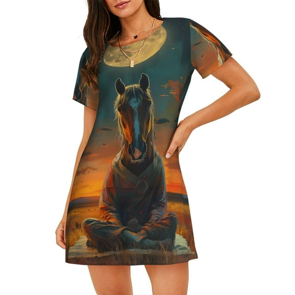 Sikiie Sunset Prairie Meditating Horse Print Women's Short-sleeved Nightdress, Round Neck Pullover Nightdress Pajamas Summer Home Wear