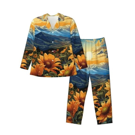 Sikiie Sunset Sky Sunflower Mens Pajama Set, Soft Warm Long Sleeve Sleepwear, Cozy Button-Down Pjs for Men-Medium