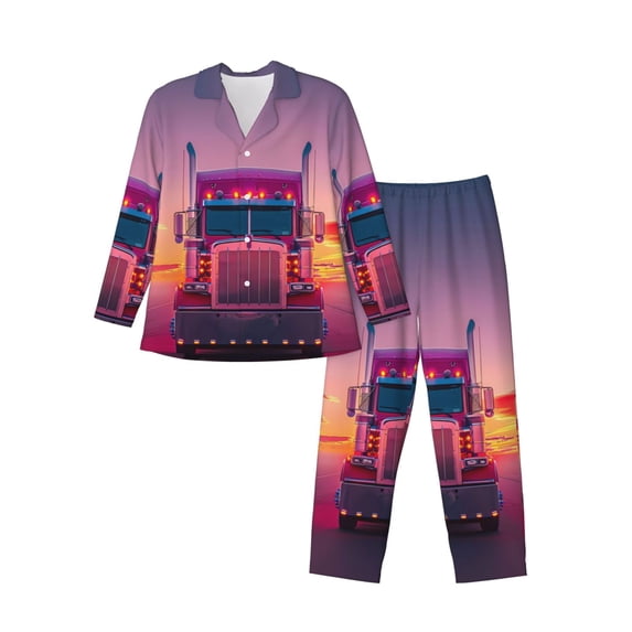 Sikiie Sunset Truck Highway Mens Pajama Set, Soft Warm Long Sleeve Sleepwear, Cozy Button-Down Pjs for Men-Medium