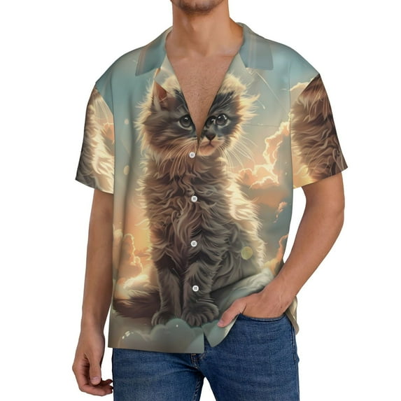 Sikiie Sunshine Cloud Kitten Men's Wrinkle Free Untucked Cuban Shirt Business Casual Button Down Shirts Short Sleeve Shirt3X-Large