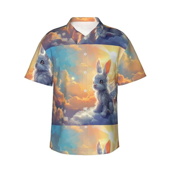 Sikiie Sunshine Colorful Cloud Rabbit Print Men's Hawaiian Shirt, Summer Beach Button Pocket Short Sleeve T-Shirt,3X-Large