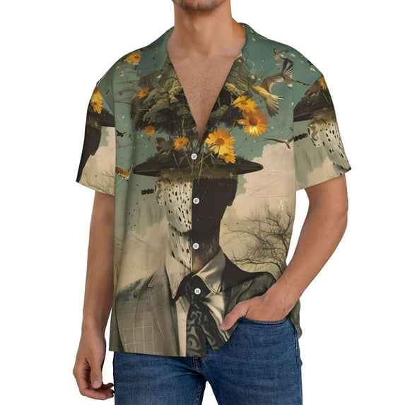Sikiie Surreal Floral Mindscape Men's Cuban Shirt, Hawaiian Shirts, Business Casual Button Down Shirts, Short Sleeve Shirt-Small