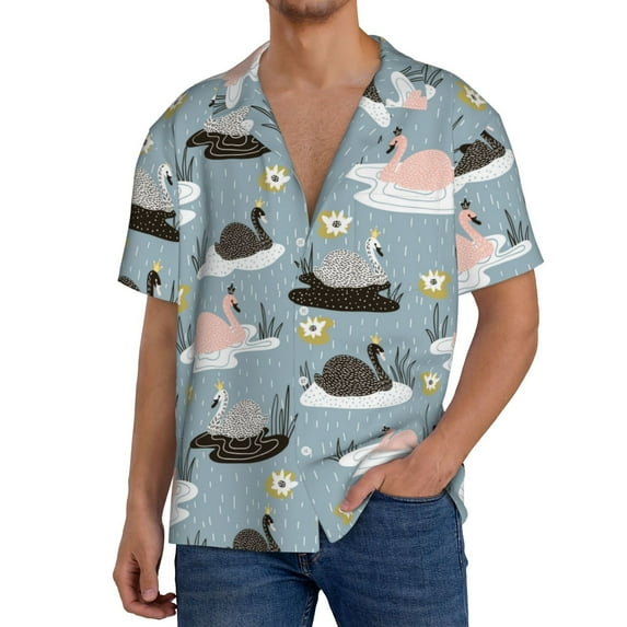 Sikiie Swan Princess On Lake Men's Wrinkle Free Untucked Cuban Shirt Business Casual Button Down Shirts Short Sleeve ShirtSmall