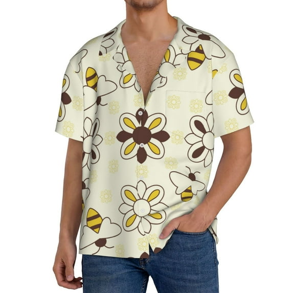 Sikiie Sweet Bee Men's Wrinkle Free Untucked Cuban Shirt Business Casual Button Down Shirts Short Sleeve Shirt4X-Large