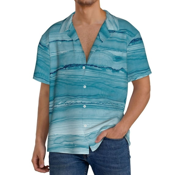 Sikiie Teal Turquoise Fluid Stripes Men's Wrinkle Free Untucked Cuban Shirt Business Casual Button Down Shirts Short Sleeve ShirtLarge