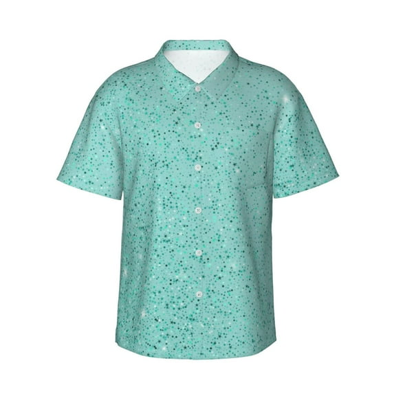 Sikiie Teal Turquoise Glitter Print Men's Hawaiian Shirt, Summer Beach Button Pocket Short Sleeve T-Shirt,Medium