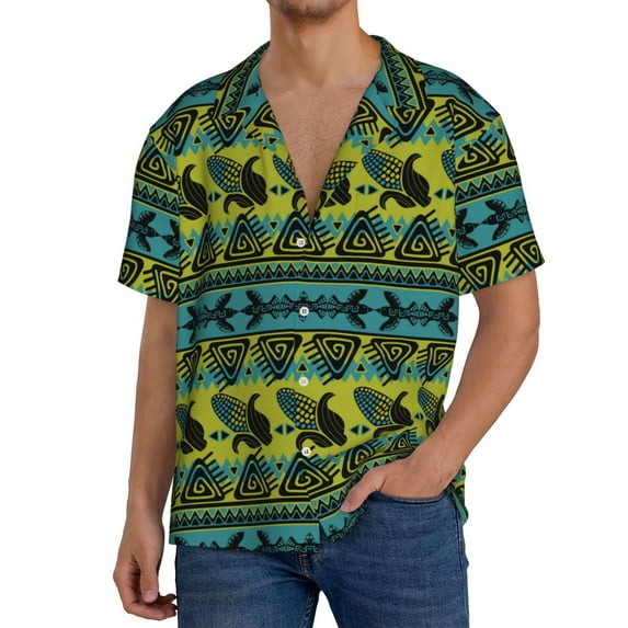 Sikiie Teal Vintage Corn Pattern Men's Cuban Shirt, Hawaiian Shirts, Business Casual Button Down Shirts, Short Sleeve Shirt-Large