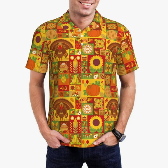 Sikiie Thanksgiving Day Print Men's Short-sleeved POLO Shirts, Button-down Shirts and T-shirts are Suitable for Vacation, Leisure and Business-X-Large