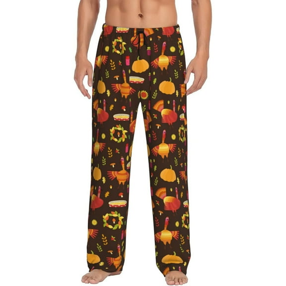 Sikiie Thanksgiving Turkey Pajama Pants Men, PJ Bottoms, Sleep & Lounge Pants-Small