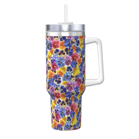 Sikiie The Garden Tricolor Pansy Flower Insulated Stainless Water Bottle Lid Travel Mug Cup Insulated Tumblers Cup 40oz Ice Bully With Handle