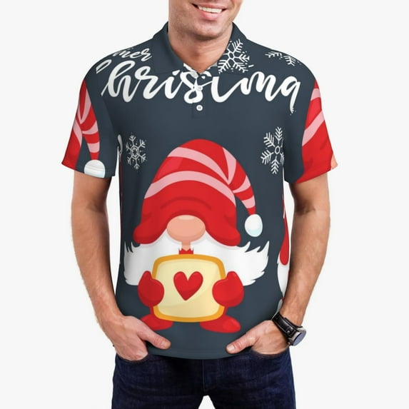 Sikiie Three Cute Christmas Gnomes Print Men's Short-sleeved POLO Shirts, Button-down Shirts and T-shirts are Suitable for Vacation, Leisure and Business-Medium