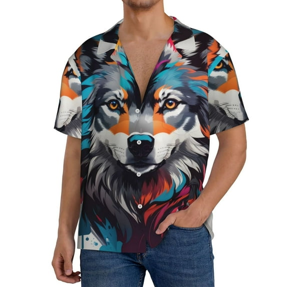Sikiie Tie-Dye Wolf Head Men's Wrinkle Free Untucked Cuban Shirt Business Casual Button Down Shirts Short Sleeve ShirtSmall