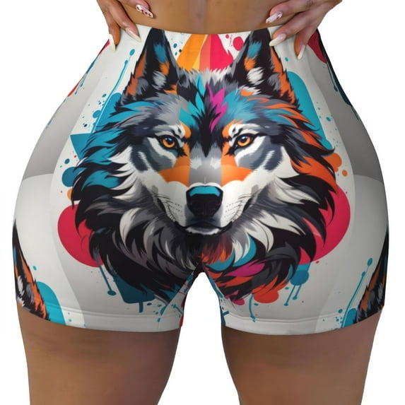 Sikiie Tie-Dye Wolf Head Print Workout Shorts Women Scrunch Butt Gym Shorts Seamless High Waist Tummy Control Yoga Biker Athletic Shorts