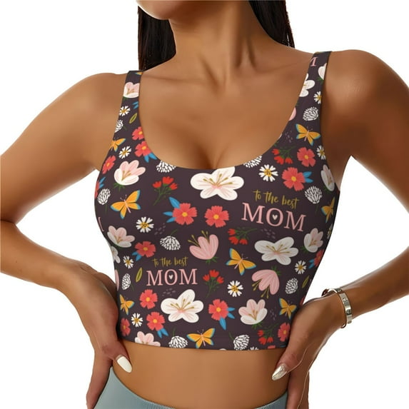Sikiie To The Best Mom Print Strappy Sports Bra for Women Padded Push Up Sports Bra Athletic Running Sports Bra Workout Bra Yoga Bra