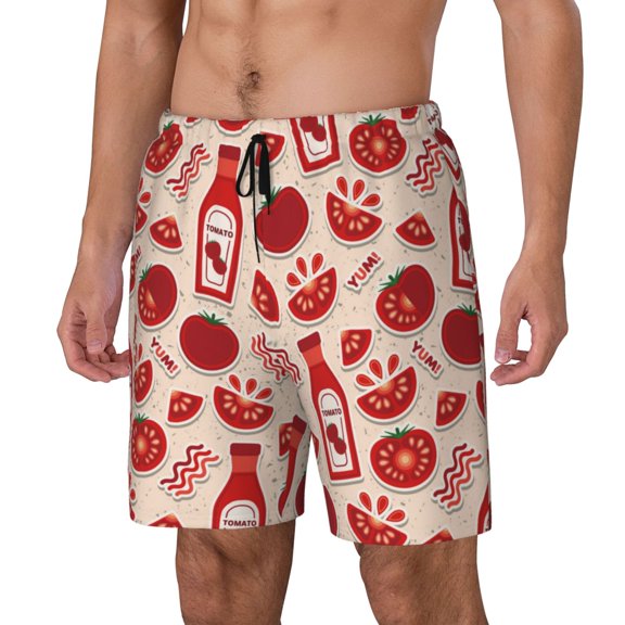 Sikiie Tomatoes Print Men's Double Layer Swimming Trunks, Adjustable Waistband and Pockets Sports Swimming Trunks, Beach Swimwear-X-Large
