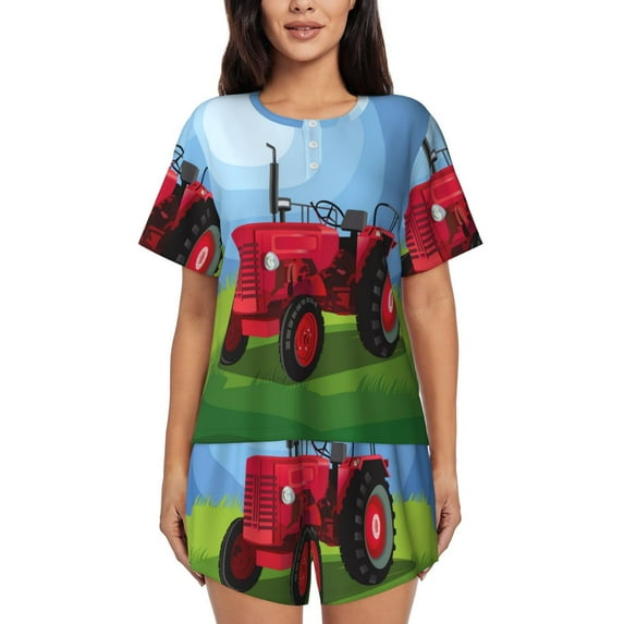 Sikiie Tractor on farming land Print Womens Pajama Sets Short Sleeve Top With Pants Sleepwear 2 Piece Lounge Set-XX-Large