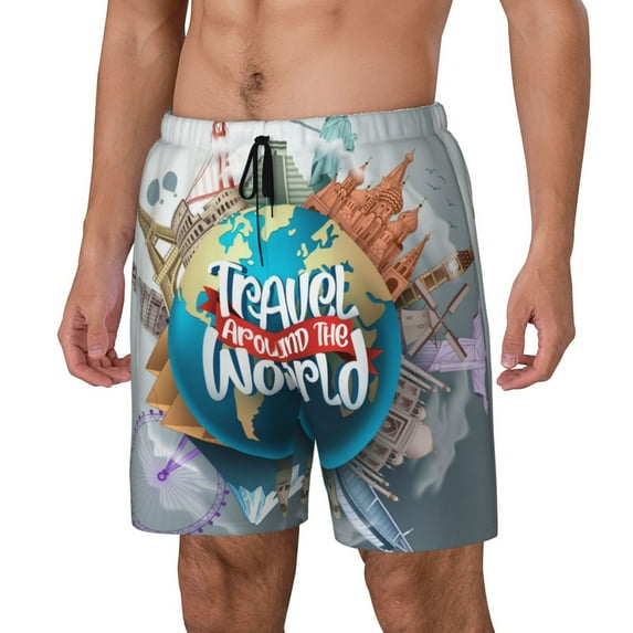 Sikiie Travel Around The World Print Men's Double Layer Swimming Trunks, Adjustable Waistband and Pockets Sports Swimming Trunks, Beach Swimwear-Medium