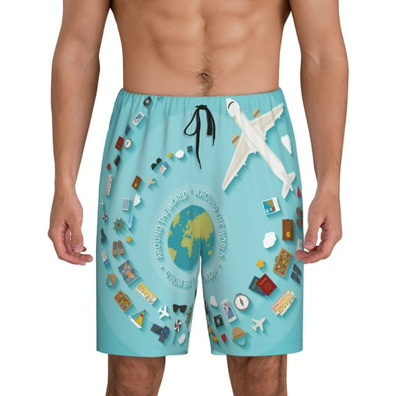 Sikiie Travelling on Airplane Mens Pajama Shorts, Lightweight Lounge Pant with Pockets Soft Sleep Pj Shorts for Men3X-Large