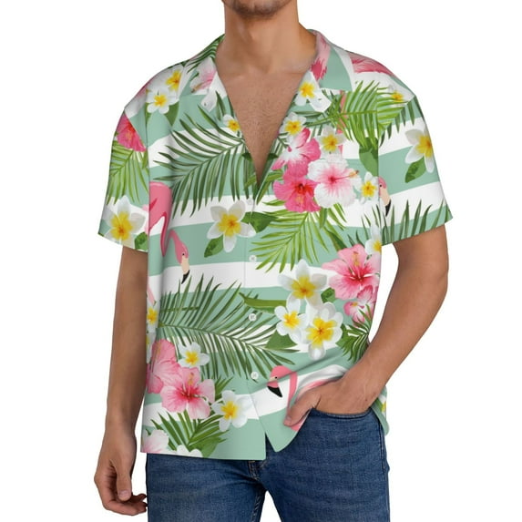 Sikiie Tropical Flamingo Men's Wrinkle Free Untucked Cuban Shirt Business Casual Button Down Shirts Short Sleeve ShirtLarge