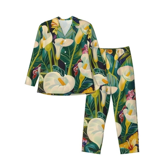 Sikiie Tropical Floral Jungle Mens Pajama Set, Soft Warm Long Sleeve Sleepwear, Cozy Button-Down Pjs for Men-Small