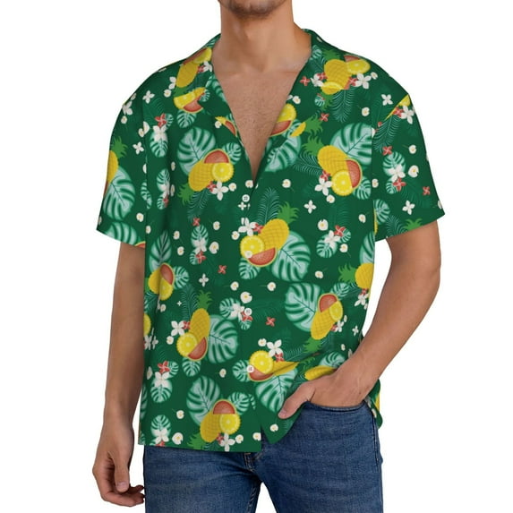 Sikiie Tropical Fruit Men's Wrinkle Free Untucked Cuban Shirt Business Casual Button Down Shirts Short Sleeve ShirtX-Large