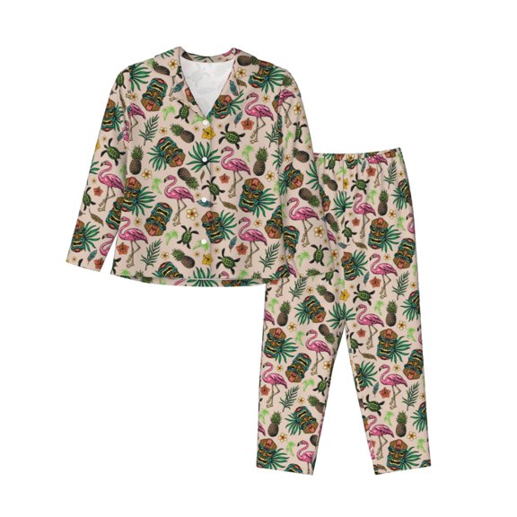 Sikiie Tropical Mask Flamingo Women's Long-Sleeve Shirt and Full-Length Bottom Pajama Set (s-xxl)-