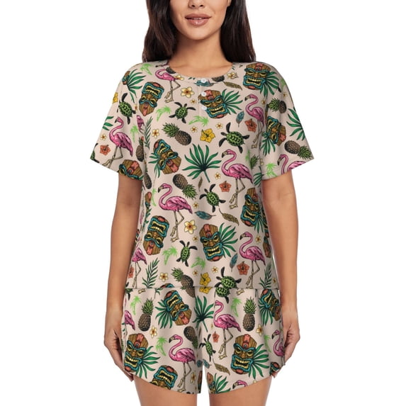Sikiie Tropical Mask Flamingo Womens Pajama Sets Short Sleeve Top With Pants Sleepwear 2 Piece Lounge SetXX-Large