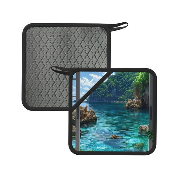 Sikiie Tropical Paradise Window View Pot Holders Kitchen Insulation Mats Heat Resistant Pot-Holder Oven Anti-Scald Pads for Cooking Baking, 7.1*7.1inch