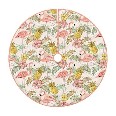 Sikiie Tropical Pink Flamingo Pineapple Nativity Christmas Tree Skirt, Jesus Christian Winter Holiday Tree Mat Decoration(30-48IN)30"