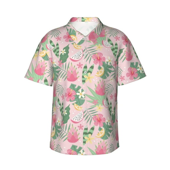 Sikiie Tropical Pitaya Print Men's Hawaiian Shirt, Summer Beach Button Pocket Short Sleeve T-Shirt,3X-Large